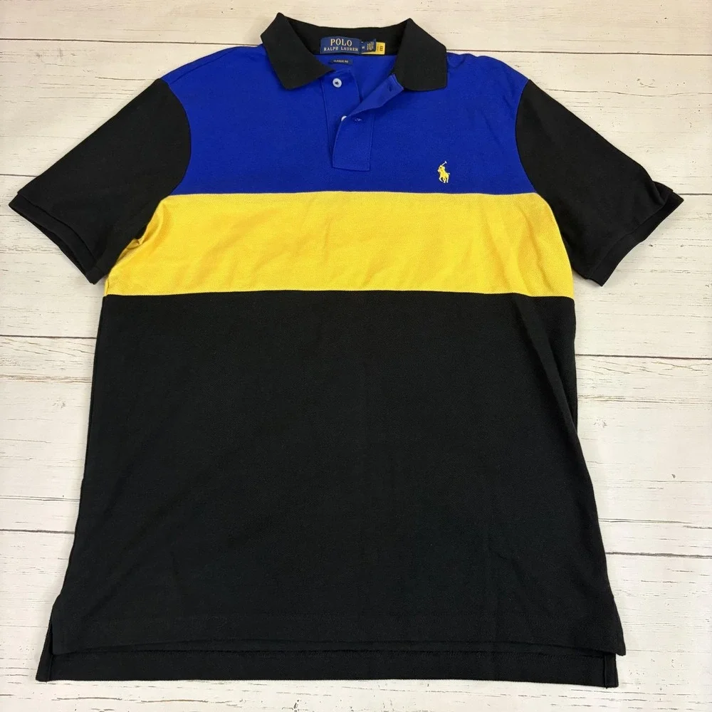 Polo Ralph Lauren Polo Shirt Mens M Blue Yellow Black Colorblock Classic Fit